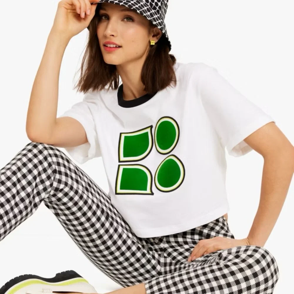 Kate Spade Noel Logo T-Shirt Cropped Ringer Tee Women’s XS White Velvet Green